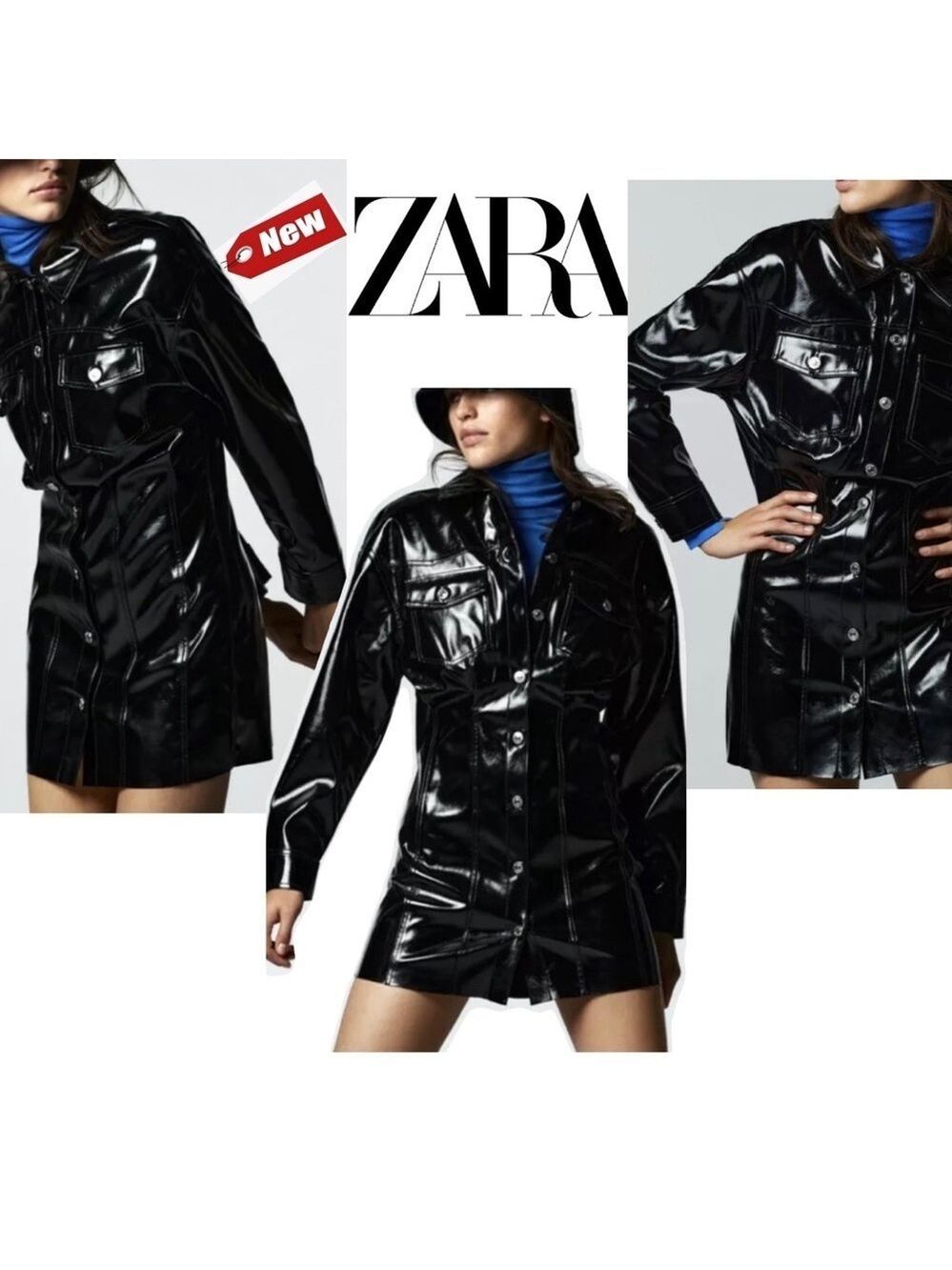 ZARA Black Raeh Faux Patent Leather Vinyl Mini Dress Sz M NWT